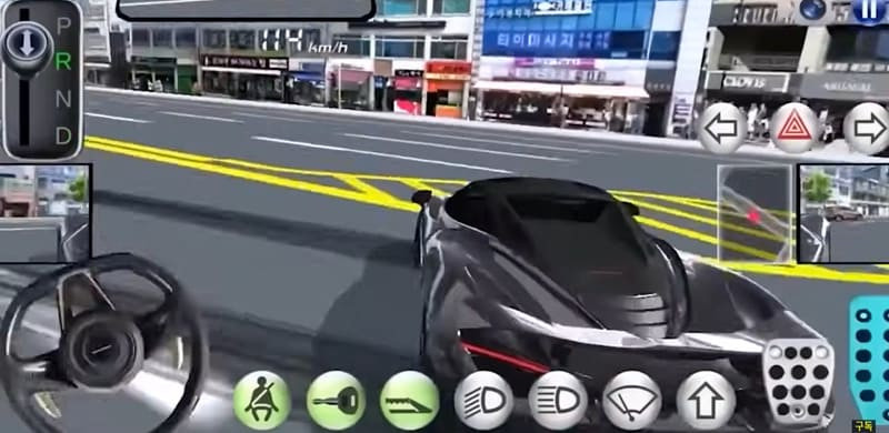 In-game screenshot of 3D Driving Class 2 on Android, showing the controls like brakes, accelerator, and indicators