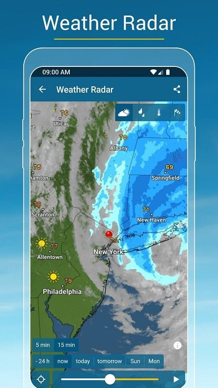 World temperature map with different color zones on the Weather & Radar Pro app