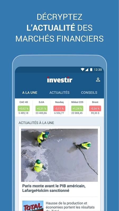 Stock market analysis chart within the Investir, bourse et finance app