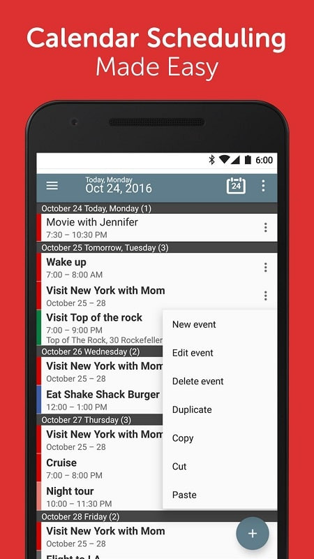 Calendar+ Schedule Planner allows detailed task setup by day, week, month, or year