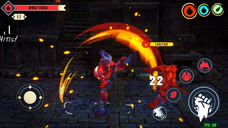 alt: Cảnh chiến đấu trong game Demon Brawler với hình ảnh nhân vật chính tung chiêu thức đẹp mắt