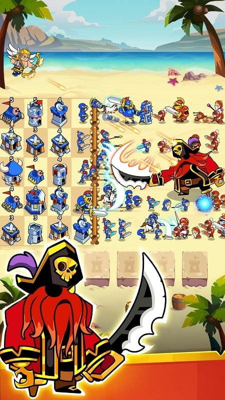 Battle scene in Merge Towers - Kingdom Defense with troops and monsters