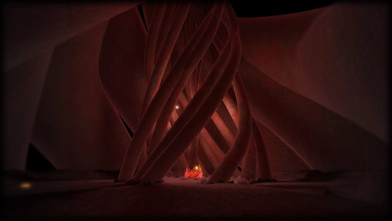 A room in Legacy 4's tomb, featuring unique design, mysterious red lighting, and spiraling roots.