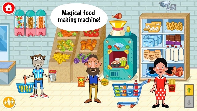 A Pepi Super Stores gameplay scene showing a character interacting with items in a shop.