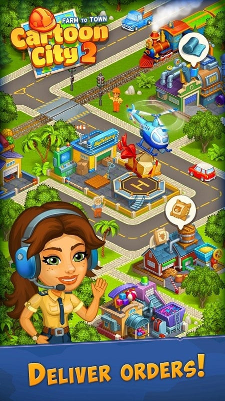 Alt:  Cảnh trong game Cartoon City 2 hiển thị các loại hình sản xuất khác nhau, bao gồm nông trại, nhà máy và các cửa hàng dịch vụ.