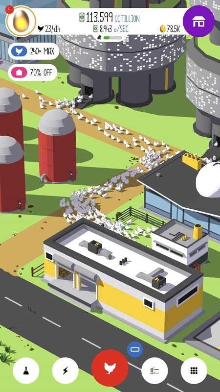 A sprawling chicken farm in Egg, Inc. with numerous coops and transport trucks.