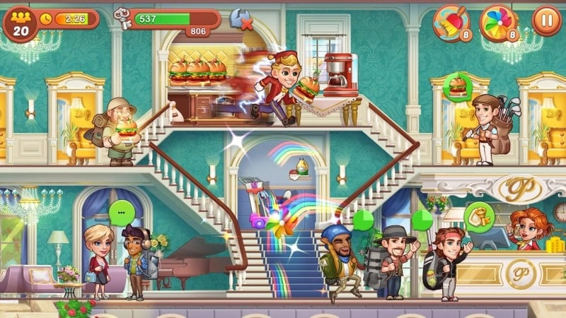 Hotel Fever gameplay screenshot, showing an upgraded reception desk with luxurious furniture.