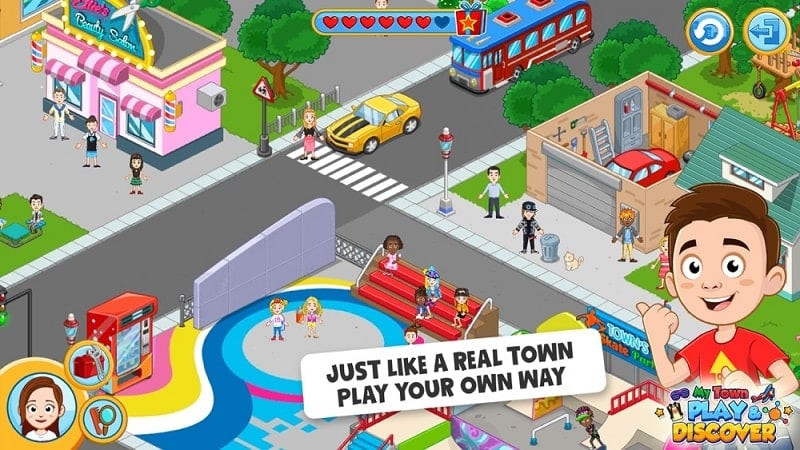 alt:  Cảnh trong game My Town – Build a City Life với các hoạt động vui chơi, kiếm điểm trái tim