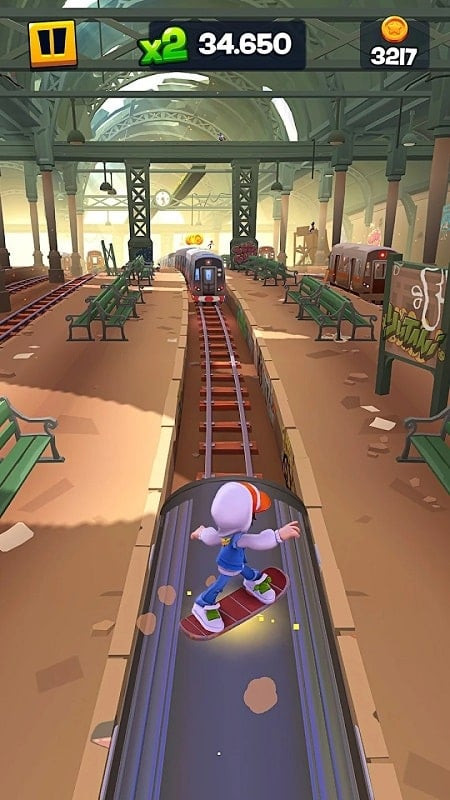 The boy in Hoverboard Heroes hoverboarding on the train tracks.