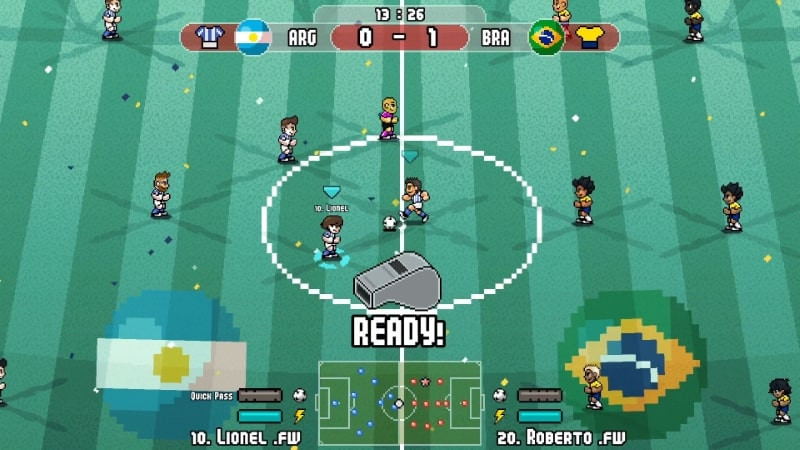 alt: Cầu thủ Pixel Cup Soccer đang thực hiện cú sút phạt