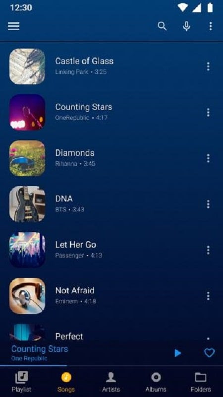 Audify Music Player interface with song sorting options