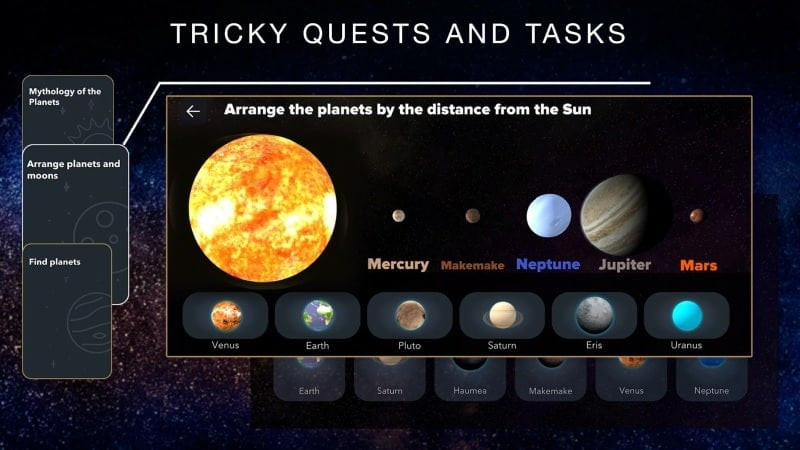 Questions and missions interface in 3D Solar System MOD APK