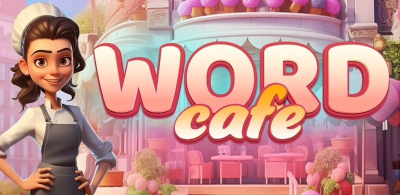 alt: Giao diện chính của game Word Cafe với hình ảnh đồ uống và bánh ngọt hấp dẫn