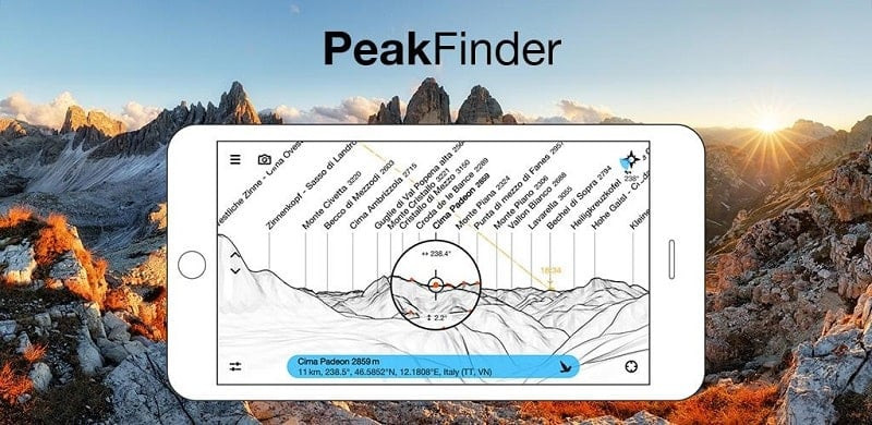 alt: Giao diện chính của ứng dụng PeakFinder hiển thị danh sách các đỉnh núi