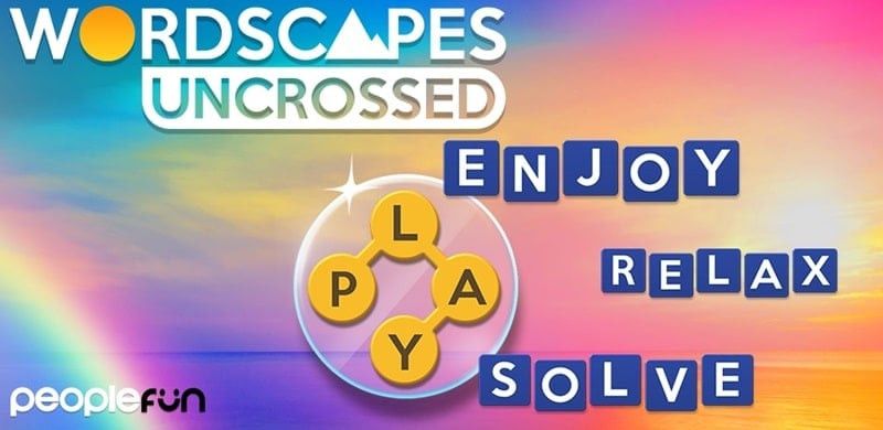 alt: Giao diện chính của Wordscapes Uncrossed, hiển thị một câu đố ghép chữ với hình nền hòn đảo nhiệt đới.