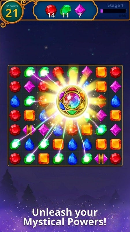 alt: Giao diện chơi game Jewels Magic: Mystery Match3 với các viên kim cương nhiều màu sắc