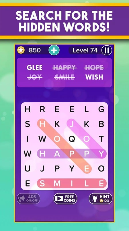 Word Search Addict gameplay with highlighted found words.