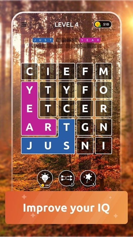 Words of Nature gameplay interface with letter tiles and grid