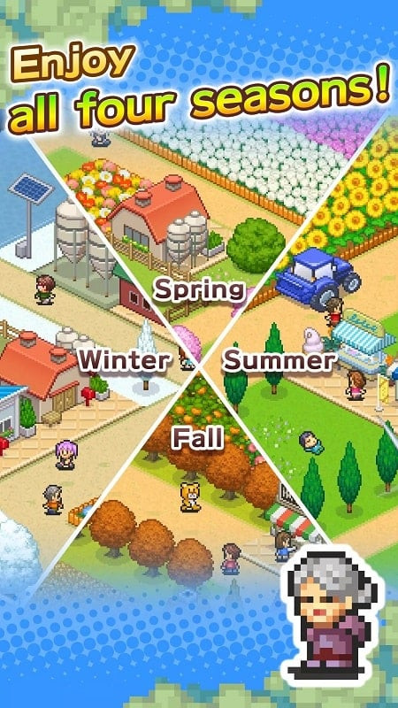 A screenshot of 8-Bit Farm gameplay, showcasing different in-game activities.