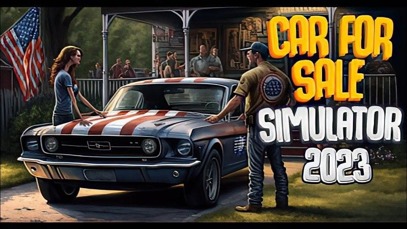 alt: Giao diện game Car Saler Simulator 2023 hiển thị một chiếc xe hơi sang trọng trong showroom