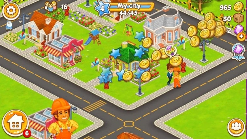 Alt: Giao diện game Cartoon City 2 với đồ họa hoạt hình tươi sáng, hiển thị các công trình, nhà cửa và phương tiện di chuyển trong thành phố.