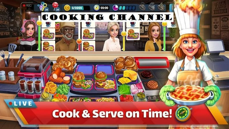 alt: Giao diện game Cooking Channel hiển thị một nhà hàng burger với đồ họa hoạt hình vui nhộn.