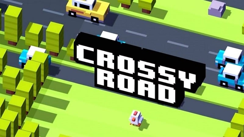 alt: Giao diện game Crossy Road với chú gà đang vượt đường