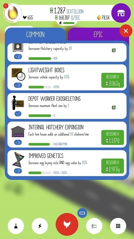 Egg, Inc. interface showing upgrade options and technology research.