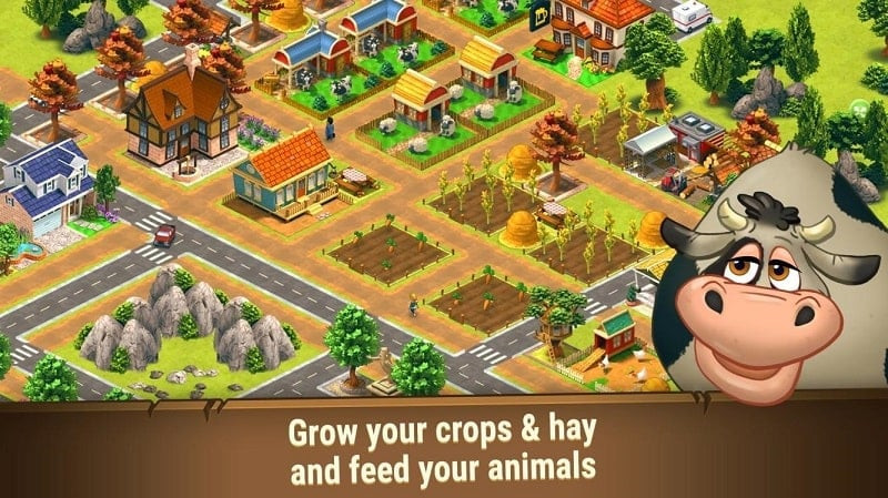 alt: Giao diện game Farm Dream MOD APK với hình ảnh thành phố được xây dựng bên cạnh nông trại.