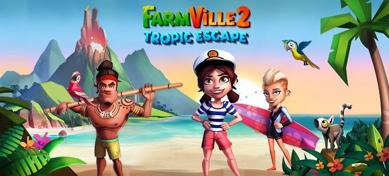 alt: Giao diện game FarmVille 2: Tropic Escape với khung cảnh đảo nhiệt đới tươi đẹp