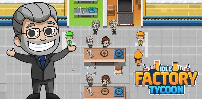 alt: Giao diện game Idle Factory Tycoon với dây chuyền sản xuất hiện đại