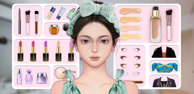 alt: Giao diện game Makeup Stylist với đầy đủ dụng cụ trang điểm