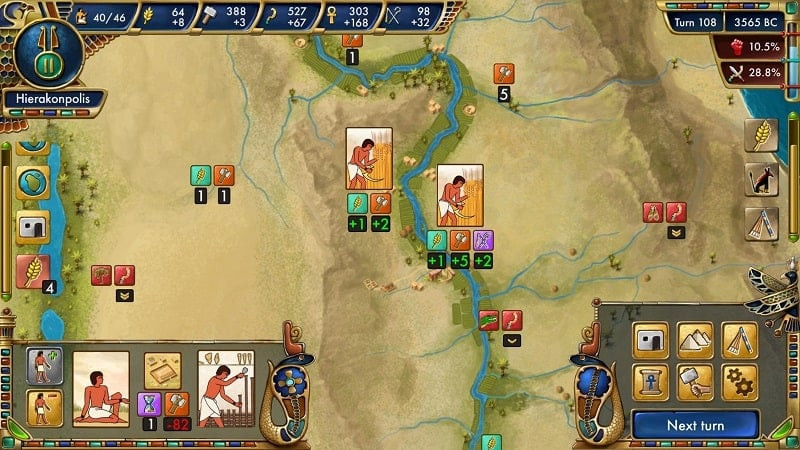 Predynastic Egypt game interface featuring ancient Egyptian structures