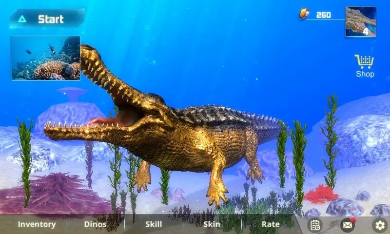 alt: Giao diện game Sarcosuchus Simulator với khủng long Sarcosuchus đang di chuyển