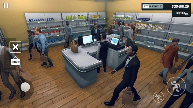 alt: Giao diện game Supermarket Simulator hiển thị nhân vật đang quét mã sản phẩm tại quầy thu ngân.