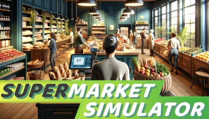 alt: Giao diện game Supermarket Simulator hiển thị quầy thu ngân và kệ hàng hóa.