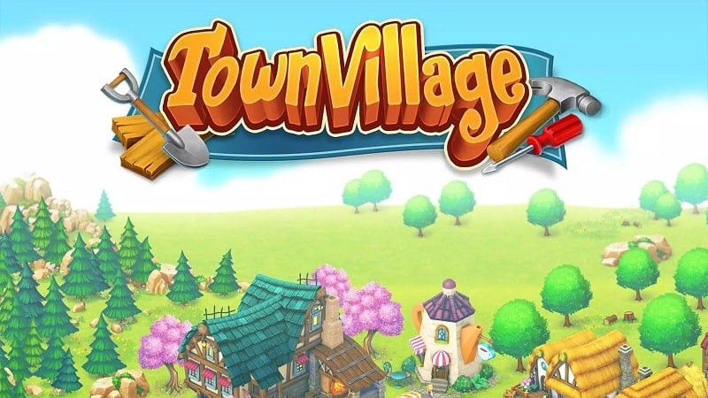 alt: Giao diện game Town Village Farm Build City hiển thị một thành phố nhộn nhịp với các tòa nhà, trang trại và đường xá.