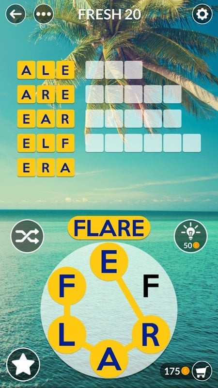 The hint interface in Wordscapes Uncrossed helps players find the words to connect.