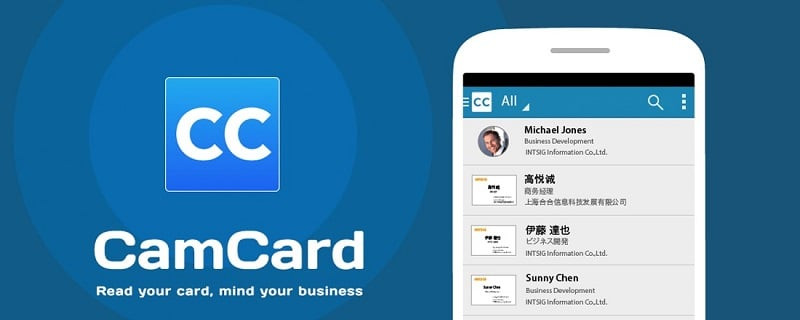 Alt: Giao diện ứng dụng CamCard trên điện thoại, hiển thị chức năng quét danh thiếp.