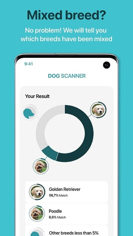 alt: Giao diện ứng dụng Dog Scanner đang quét và phân tích hình ảnh một chú chó