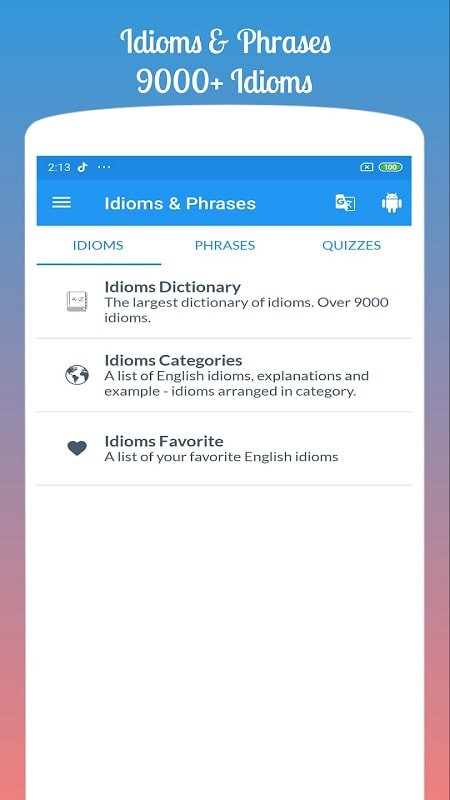 English Idioms & Phrases app displaying details of an idiom.