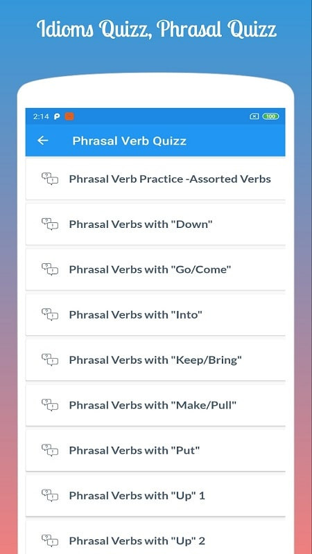 English Idioms & Phrases app displaying the settings menu.