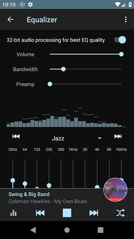 App interface displaying a list of Jazz & Blues radio stations