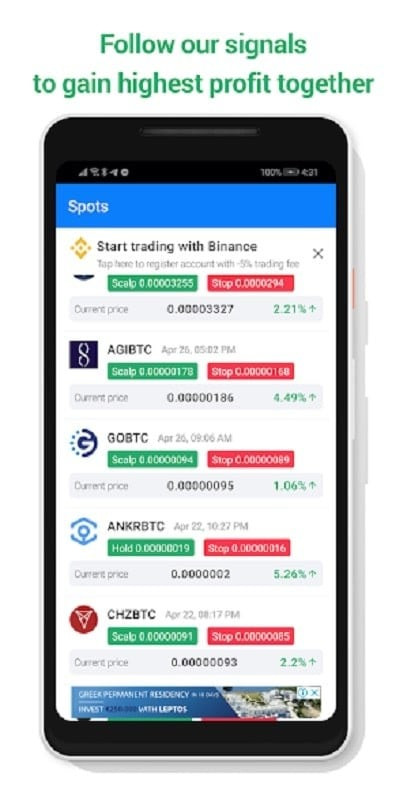 Signals - Crypto MOD APK app interface displaying a detailed transaction list