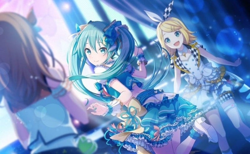 Alt: Hình ảnh các nhân vật trong Hatsune Miku: Colorful Stage! trong trang phục biểu diễn.