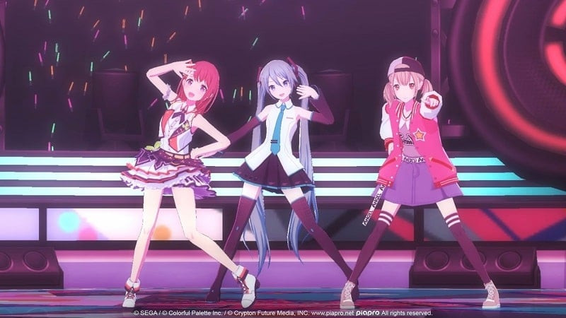 Alt: Hình ảnh các nhân vật trong Hatsune Miku: Colorful Stage! với nhiều trang phục khác nhau.