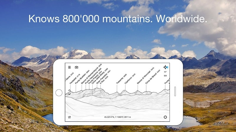 PeakFinder app screenshot displaying a 360-degree panoramic view of a mountain range