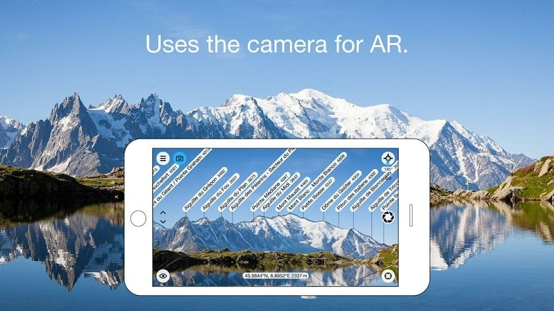 PeakFinder app screenshot showing a panoramic view of a mountain peak