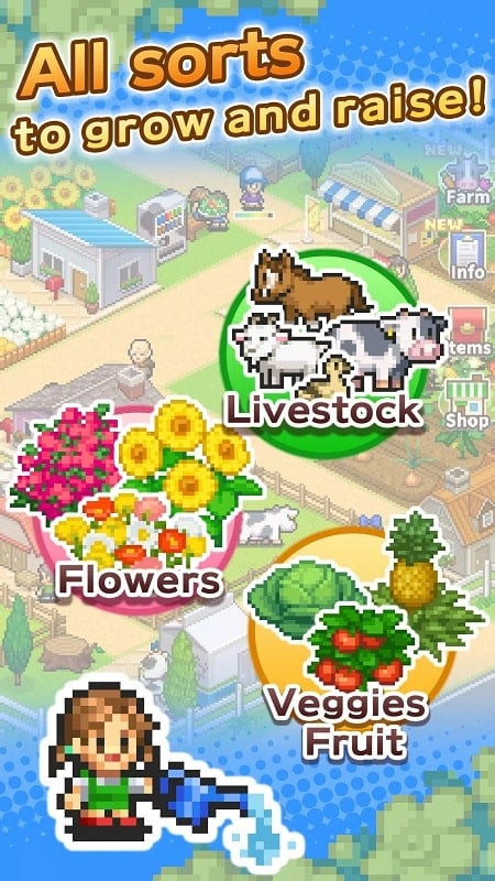 A screenshot of 8-Bit Farm gameplay, showing the player harvesting crops.