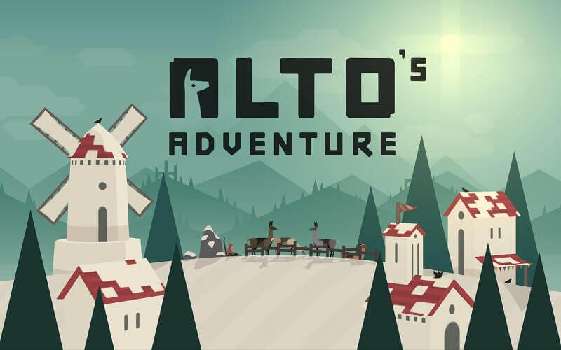 alt: Hình ảnh game Alto's Adventure với nhân vật đang trượt tuyết trên nền núi non hùng vĩ